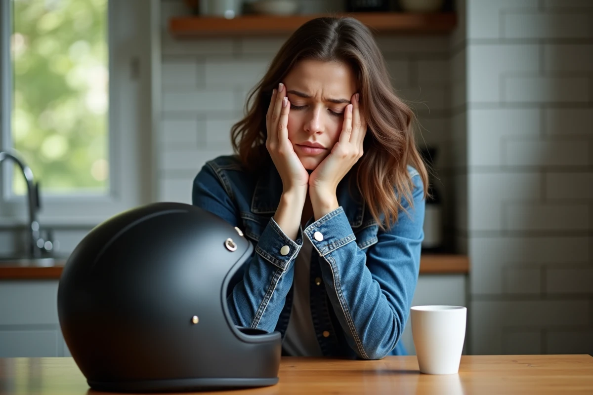 Femme en cuisine avec casque moto en réflexion