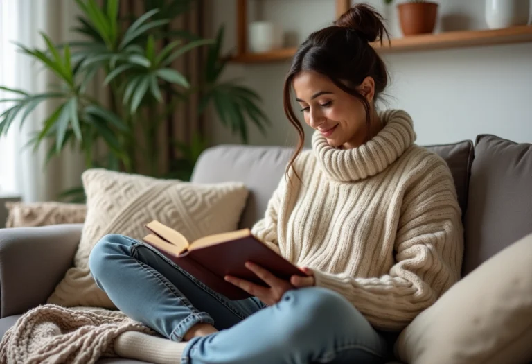 Femme lisant un livre dans un salon cosy et moderne