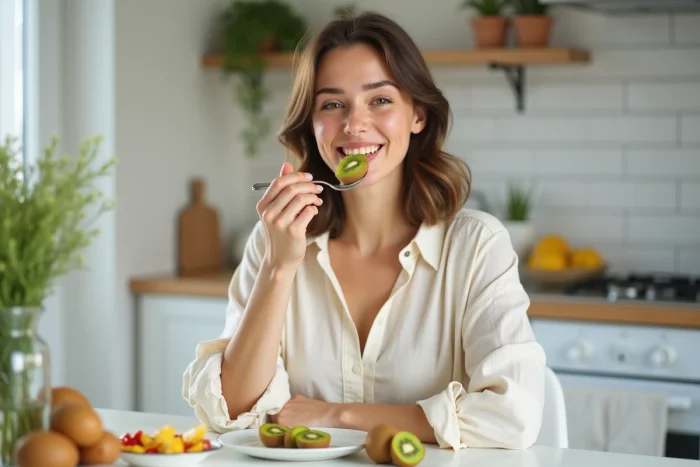Jeune femme mangeant un kiwi frais à la cuillère au petit-déjeuner dans une cuisine minimaliste, évoquant une alimentation saine et équilibrée