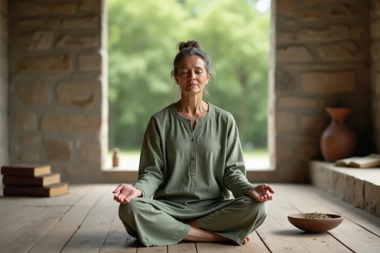 Femme en méditation dans un espace minimaliste aux murs en pierre, illustrant la spiritualité contemporaine et la quête intérieure