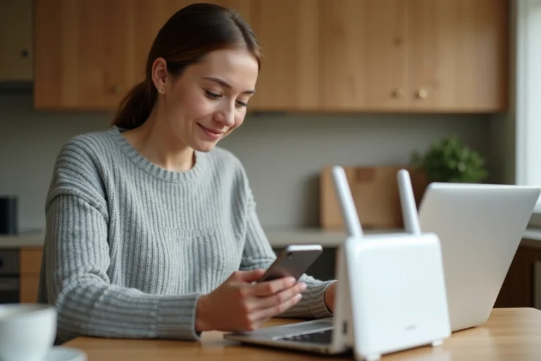Femme consultant le mot de passe wifi bbox affiché sur le routeur et son smartphone dans une cuisine moderne