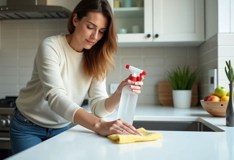 Femme nettoyant un plan de travail avec alcool ménager