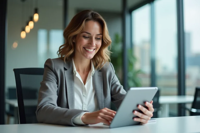 Femme souriante en blazer regardant des annonces immobilières sur tablette