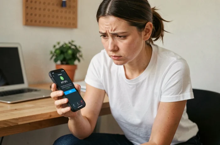 Femme consultant son smartphone face à un problème de connexion sur l'application IPTV Smarters Pro