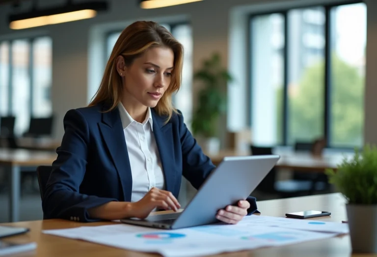 Femme confiante en blazer navy examine des graphiques sur une tablette