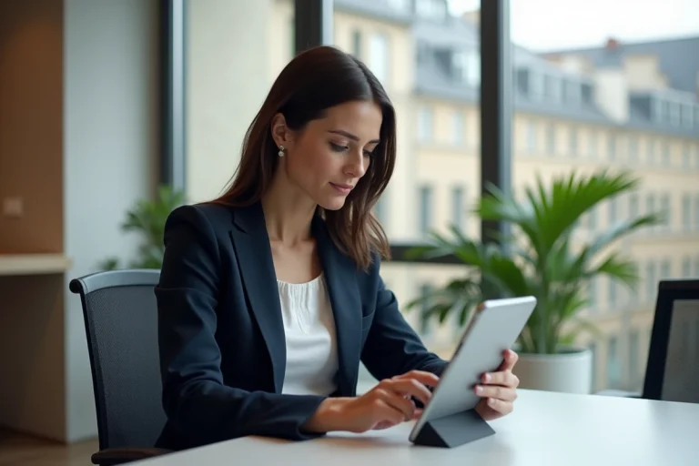 Jeune femme professionnelle à Paris utilisant une tablette