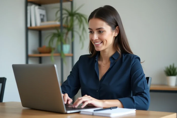 Femme consultant son profil sur une plateforme de recrutement en ligne depuis son bureau à domicile