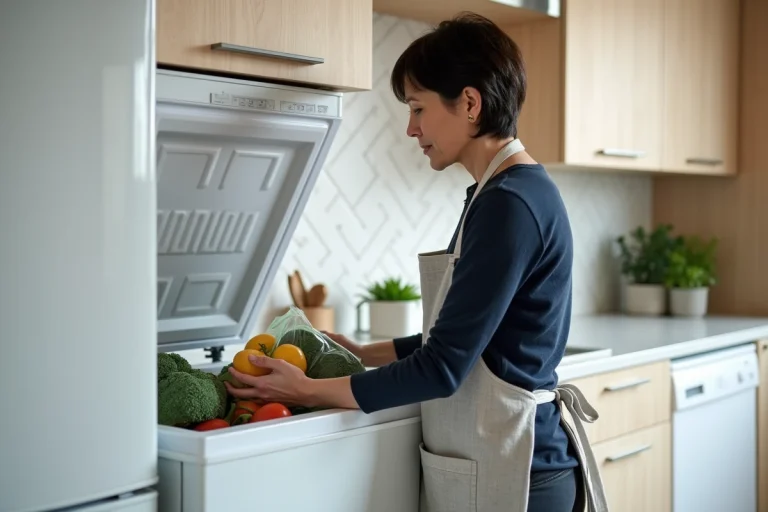Femme choisissant un surgélateur domestique et rangeant des aliments congelés dans sa cuisine moderne