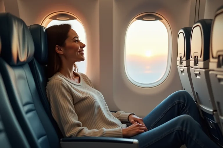 Femme détendue assise près d'une fenêtre d'avion