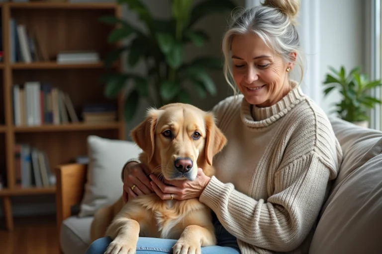Femme caressant un retriever dans un salon chaleureux