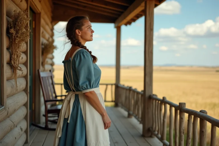 Jeune femme en robe de pionnière sur le porche d'une maison en bois dans la prairie américaine du XIXe siècle