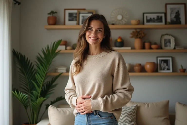 Femme en pull beige dans un salon cosy et moderne