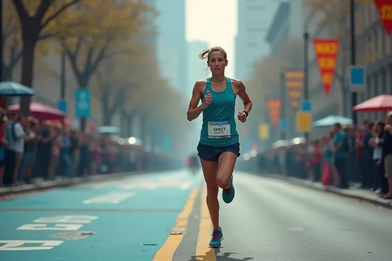 Femme de 35 ans courant un semi-marathon en ville avec dossard, expression concentrée et posture dynamique