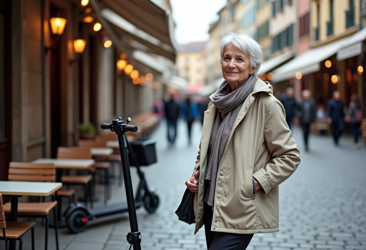 Femme senior avec scooter dans une place urbaine animée