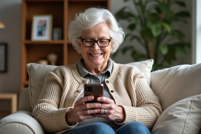Femme senior souriante utilisant un téléphone portable