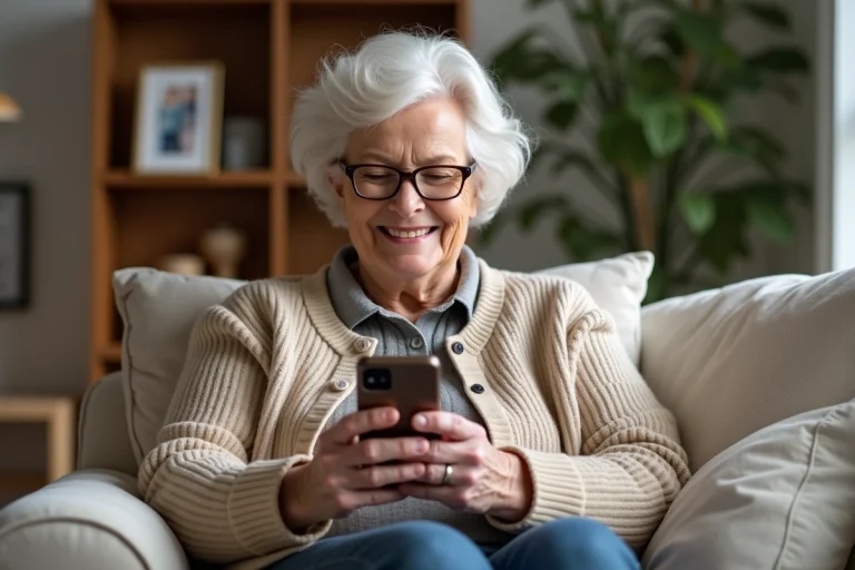 Femme senior souriante utilisant un téléphone portable