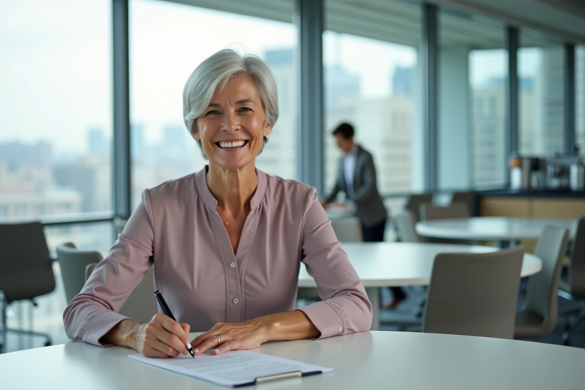 Femme professionnelle signe un document dans une salle lumineuse