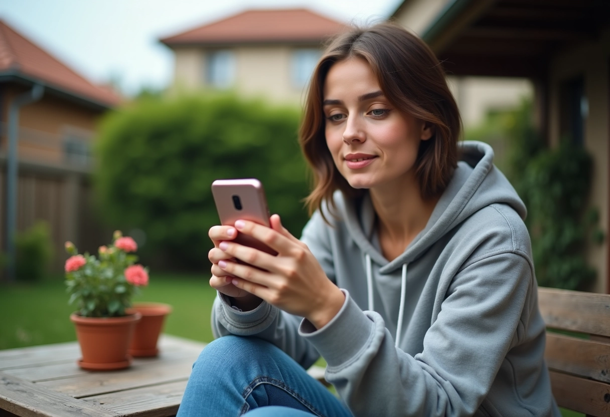 Femme regardant son smartphone avec Voplav en extérieur