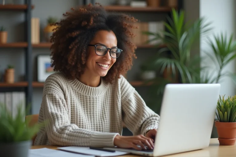Femme souriante au bureau à domicile pour l'immobilier