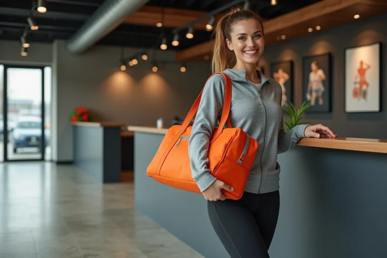 Femme souriante avec sac de sport orange dans une salle de gym