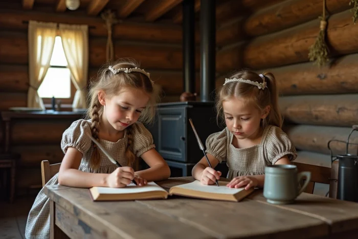 Deux jeunes filles en robes d'époque lisant et écrivant dans l'intérieur rustique d'une cabane de pionniers américains