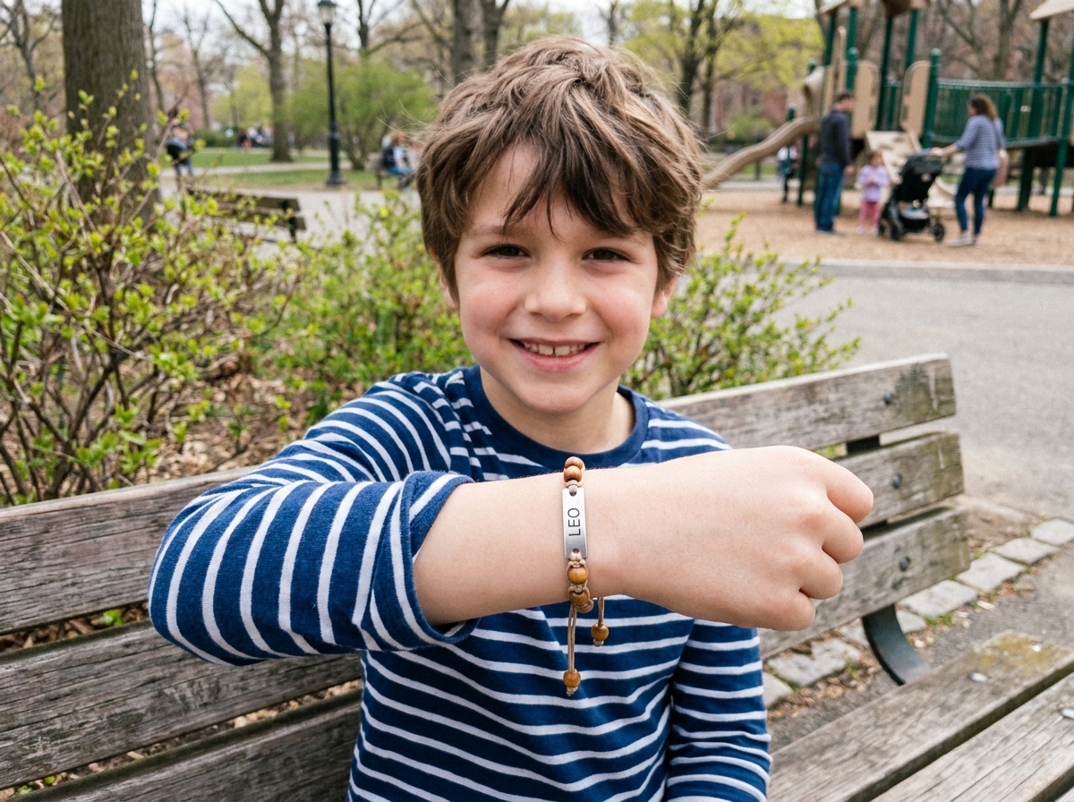 Garçon souriant montrant son bracelet gravé en plein air