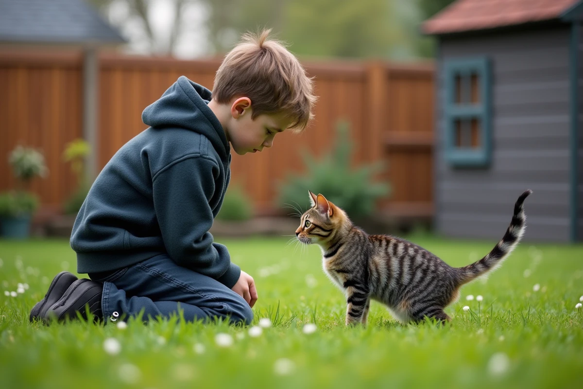 Adolescent jouant avec un chat dans le jardin