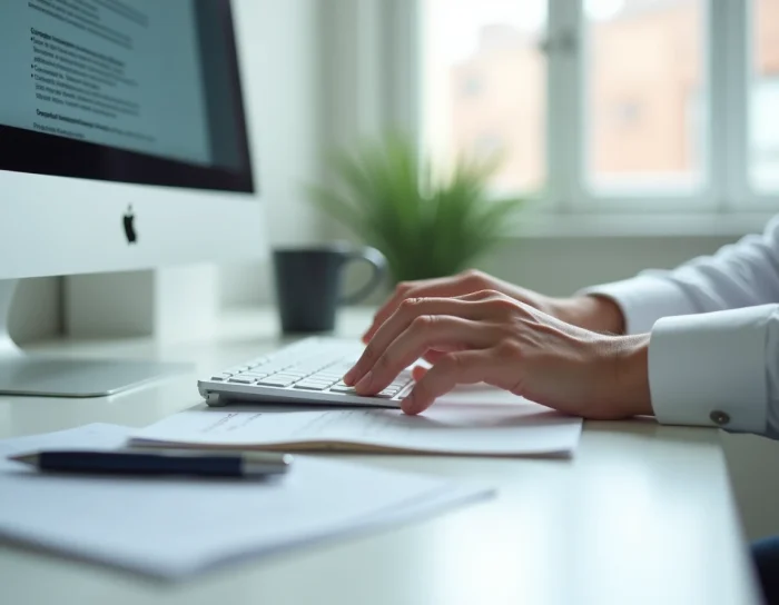 Gros plan de mains tapant sur un clavier pour remplir le formulaire de rétractation en ligne Cofidis