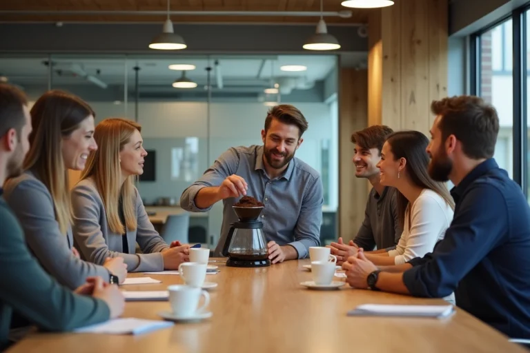 Groupe diversifié autour d'un café en bureau moderne