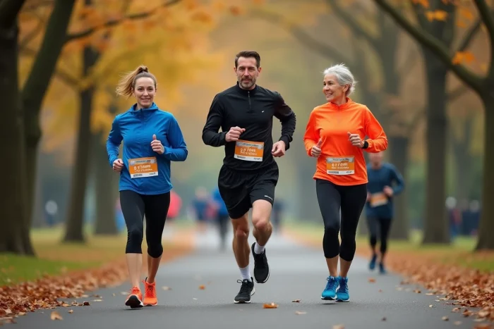 Groupe de coureurs de différents âges participant ensemble à un semi-marathon sur un chemin arboré en automne