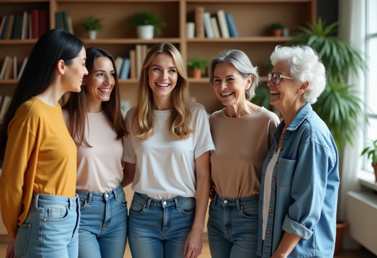 Groupe de femmes diverses partageant un moment convivial dans un salon