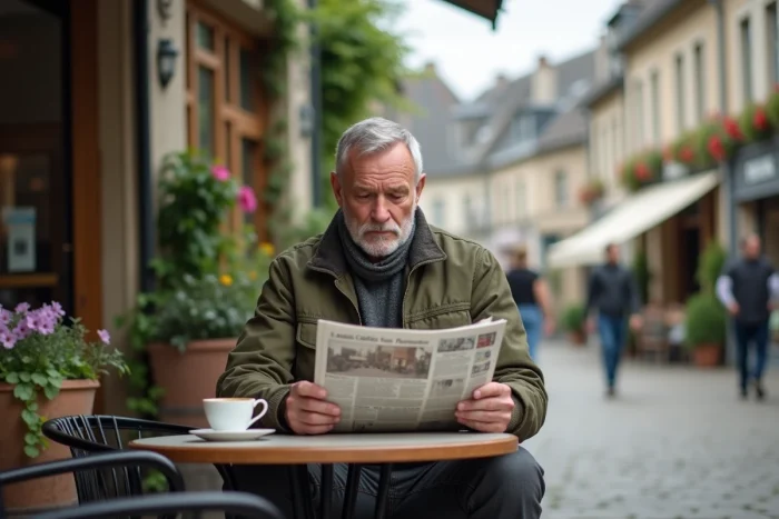 Habitant lisant le journal régional normand en terrasse de café dans une place de village typique