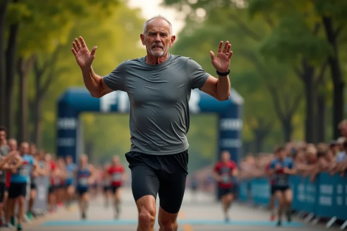 Homme de 50 ans franchissant la ligne d'arrivée d'un semi-marathon avec un geste de fierté et d'accomplissement