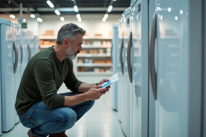 Homme comparant deux modèles de surgélateurs domestiques dans un magasin d'électroménager avant son achat