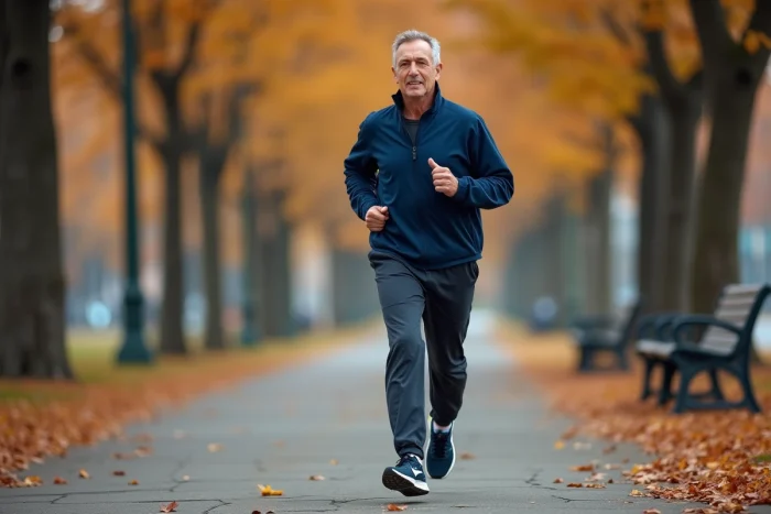 Homme d'une quarantaine d'années courant en plein air dans un parc urbain en automne, symbolisant les bénéfices du jogging régulier pour la santé mentale et physique