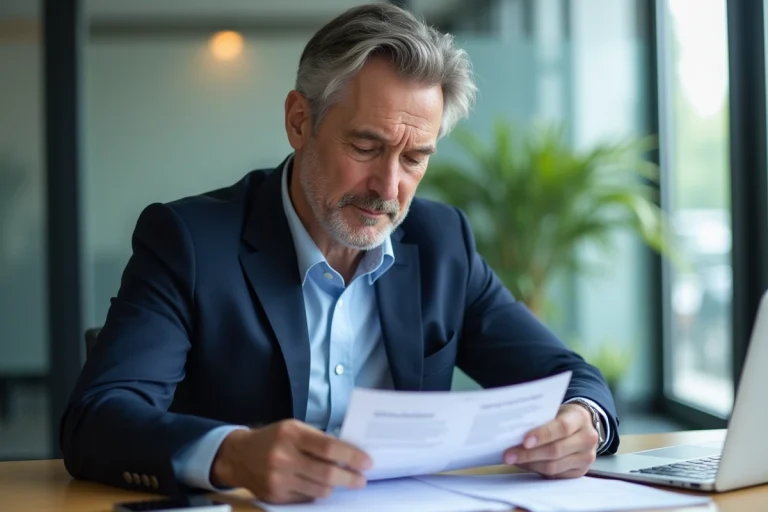 Homme d'affaires en costume bleu concentré sur documents simulation