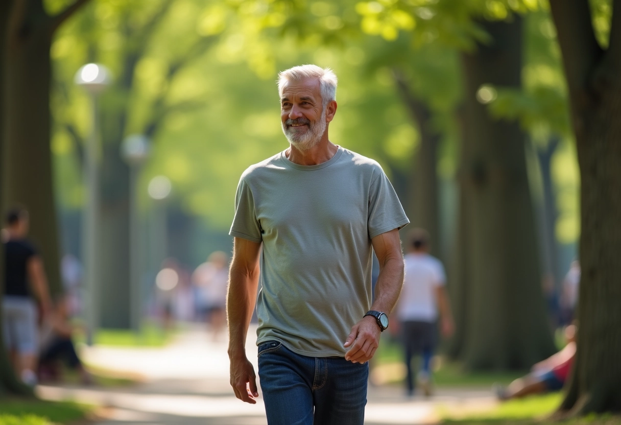 Homme décontracté marchant dans un parc urbain en ville