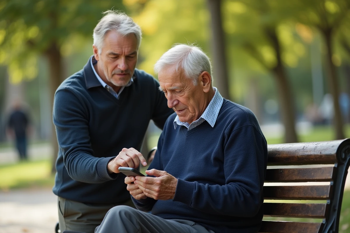 Homme age utilisant un téléphone dans un parc en compagnie