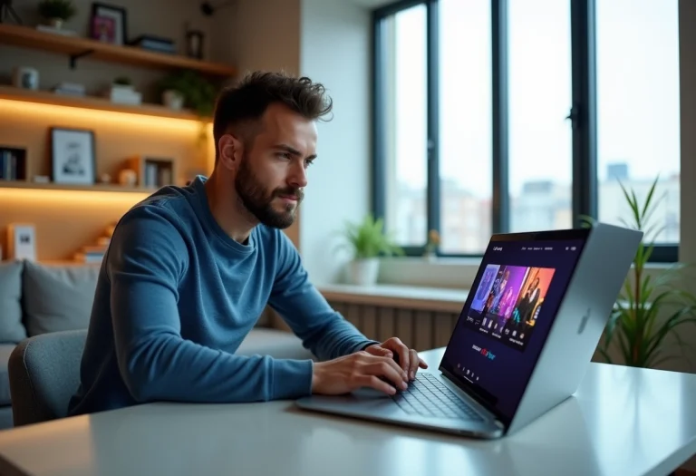 Homme détendu utilisant un ordinateur avec Voplav dans un salon lumineux