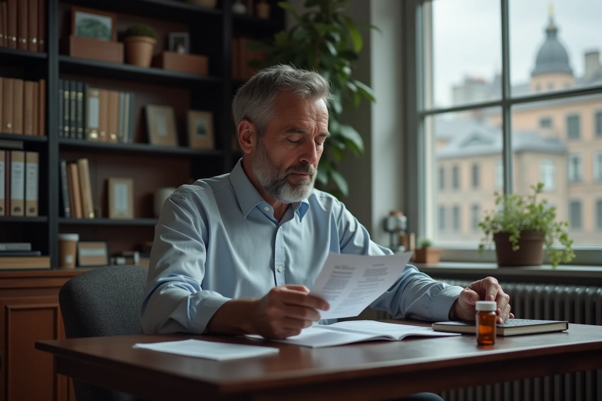 Homme lisant une fiche de medicament dans son salon