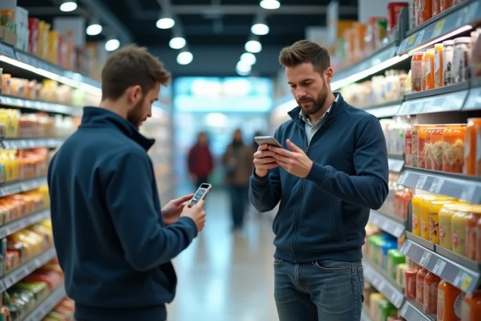 Homme réalisant une mission Roamler en photographiant des produits dans un rayon de supermarché