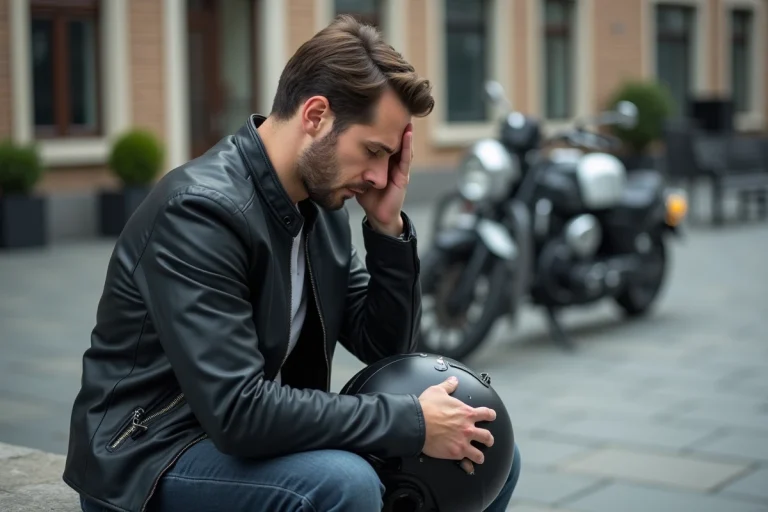 Homme en moto casque dans une ville en réflexion