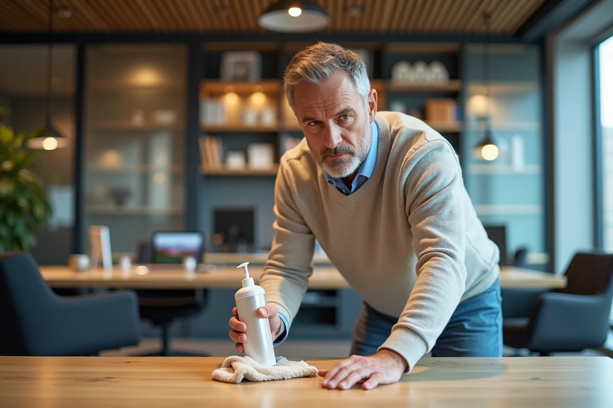 Homme nettoie bureau avec alcool isopropylique dans un espace organisé