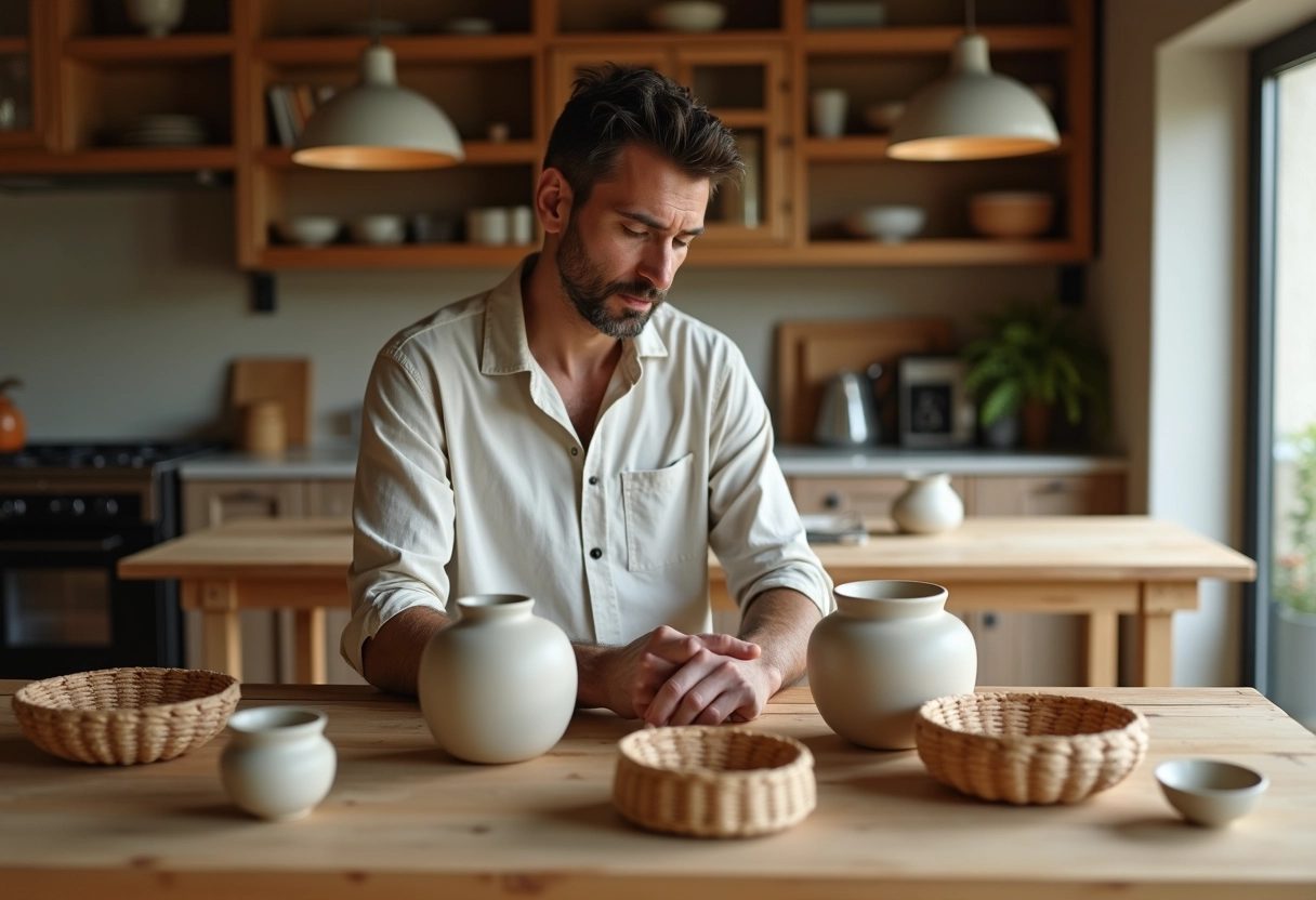Homme arrangeant des vases en céramique dans une cuisine chaleureuse