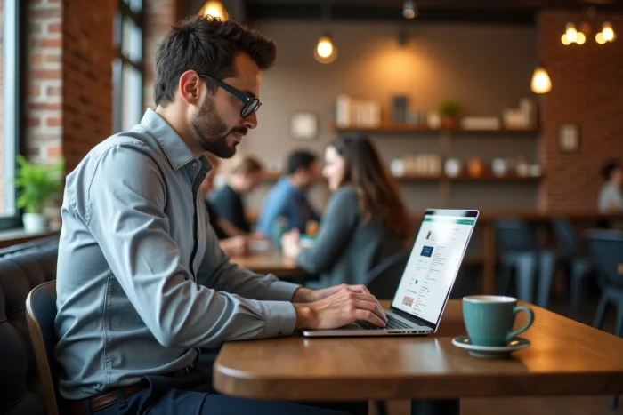 Homme recherchant des offres d'emploi sur une plateforme de recrutement dans un espace de coworking moderne