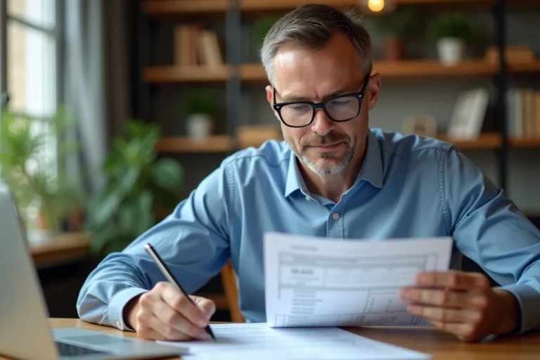 Homme d'âge moyen vérifiant un formulaire d'impots 2042