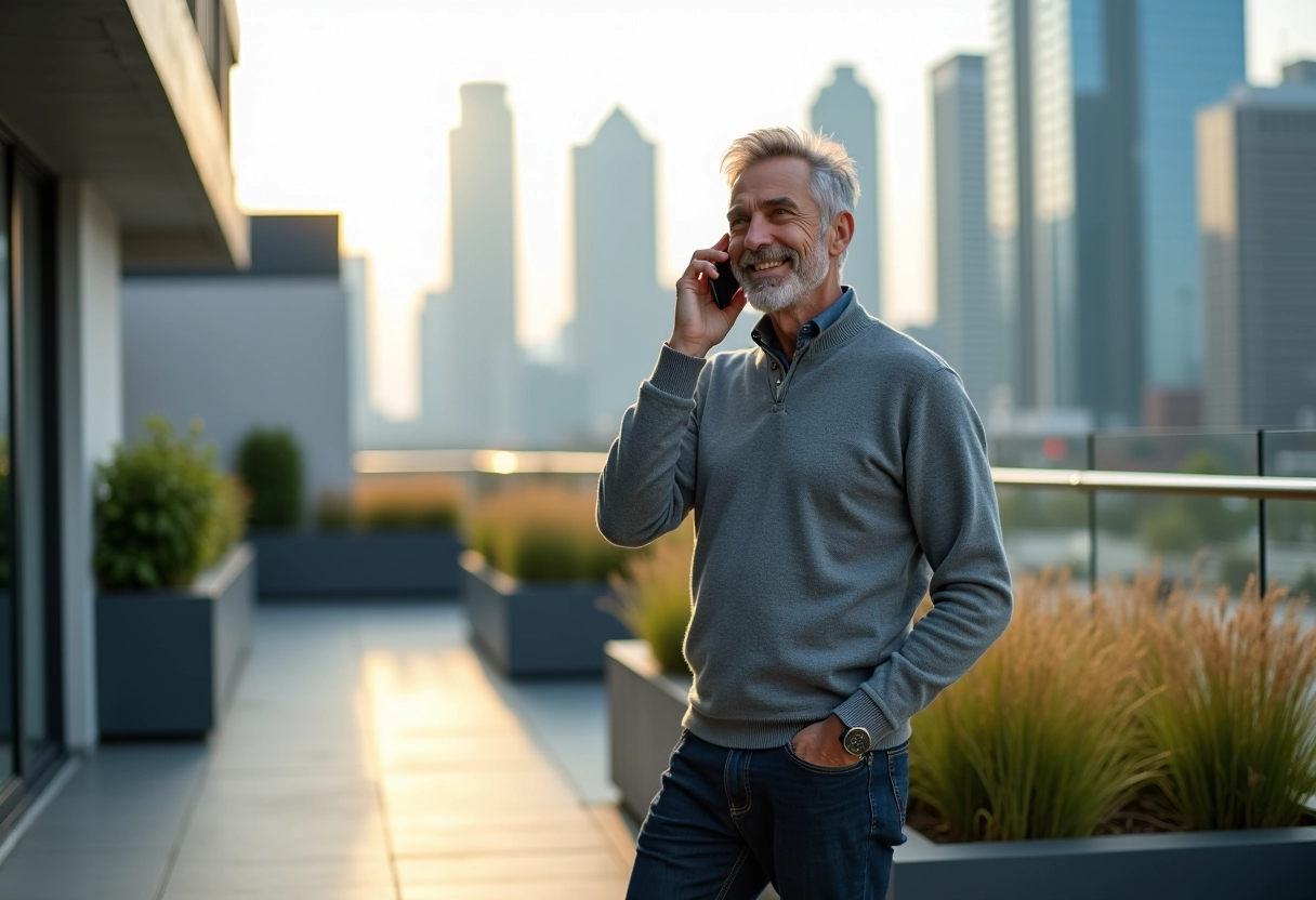 Homme souriant parlant au téléphone sur un rooftop urbain