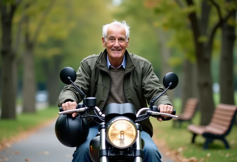 Homme senior souriant à moto dans un parc suburbain