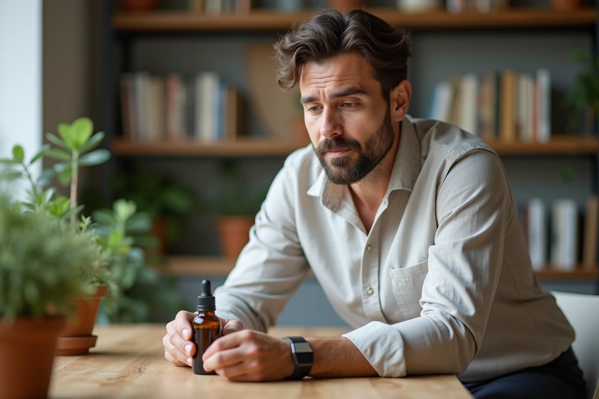 Homme d age moyen examinant un serum visage dans appartement
