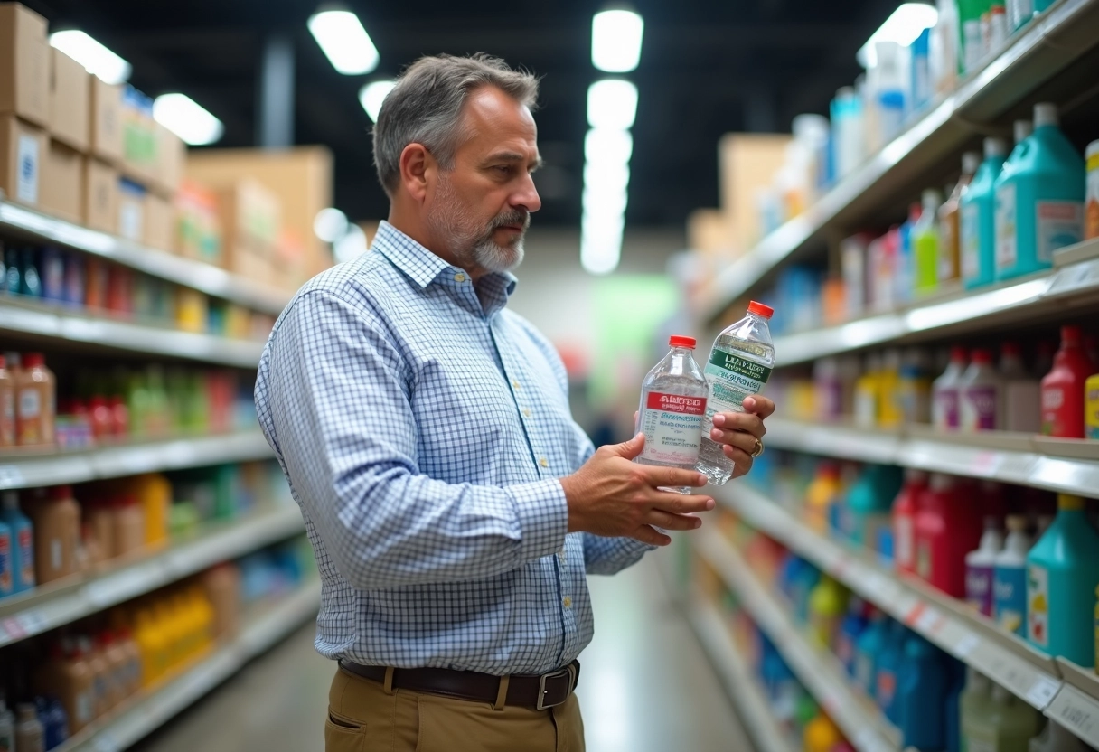 Homme comparant deux bouteilles d alcool ménager en magasin